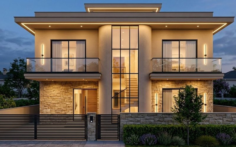 Modern Small House Front Elevation Design with Stone Cladding & Warm Lighting